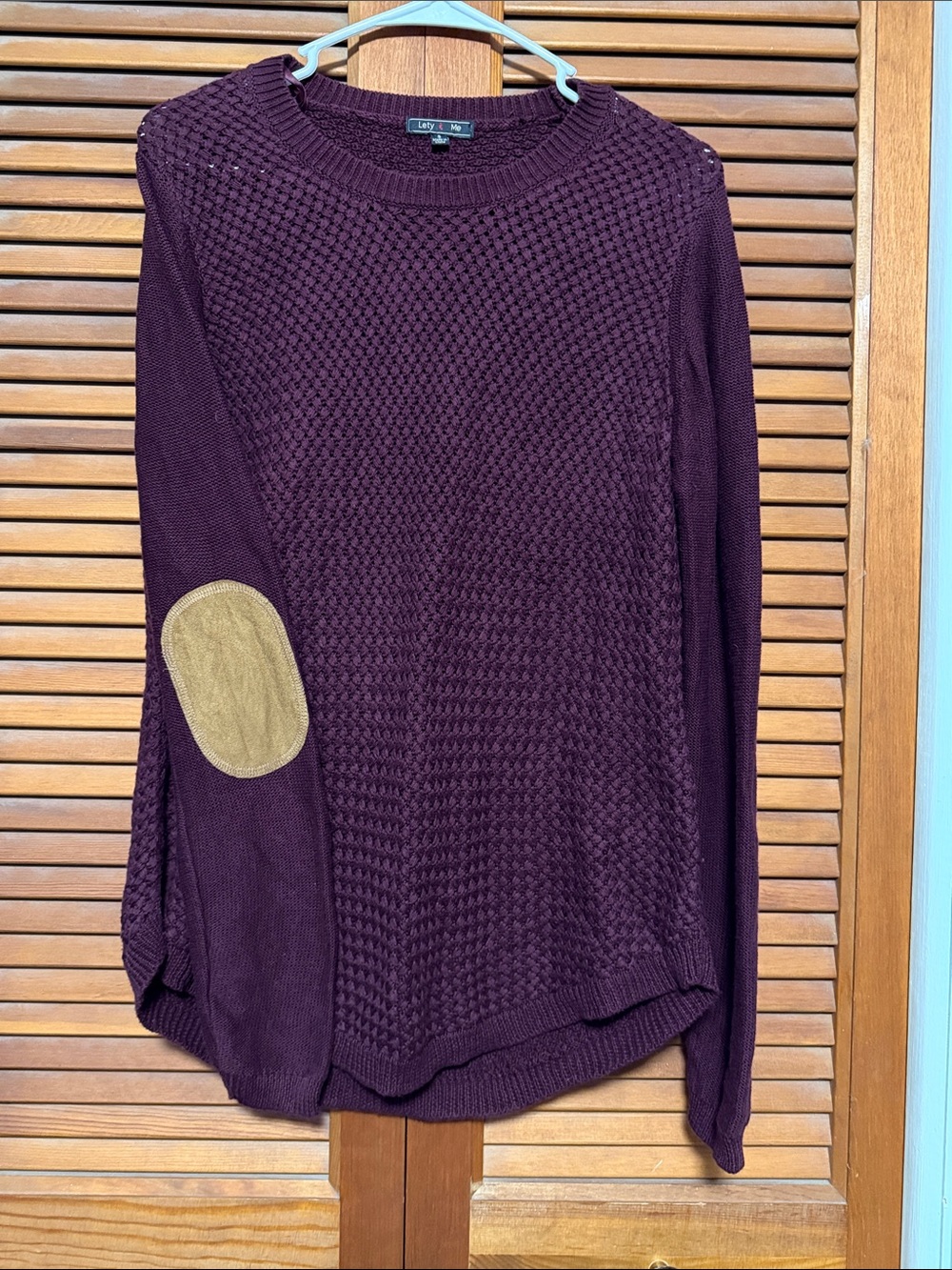 Lety & Me Plum Crewneck Sweater with Tan Elbow Patch